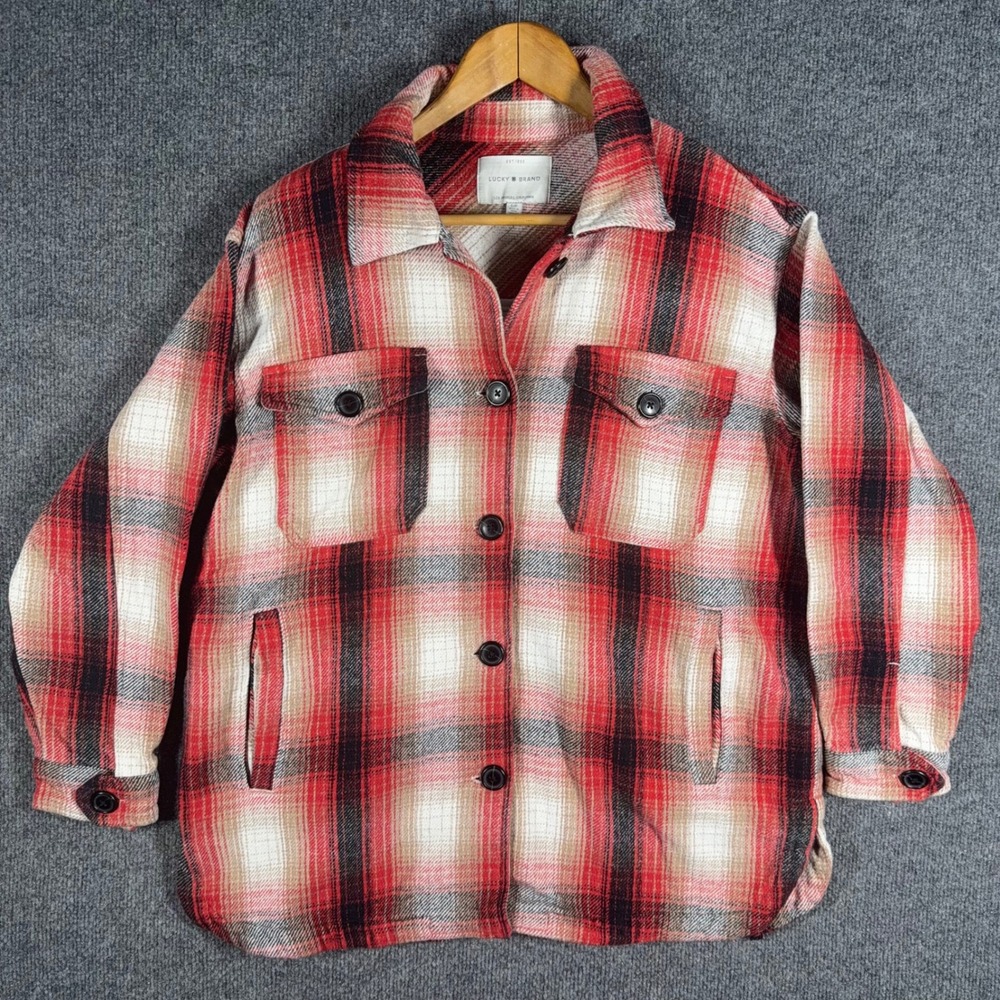 Lucky Brand Shirt Womens Small Petite Shacket Plaid Button Front Pockets
